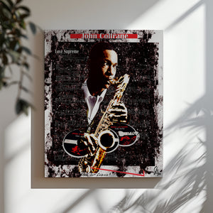 Limited edition Jazz Wall Art Canvas Print of Coltrane surrounded by abstract forms, ideal for jazz enthusiasts and collectors.