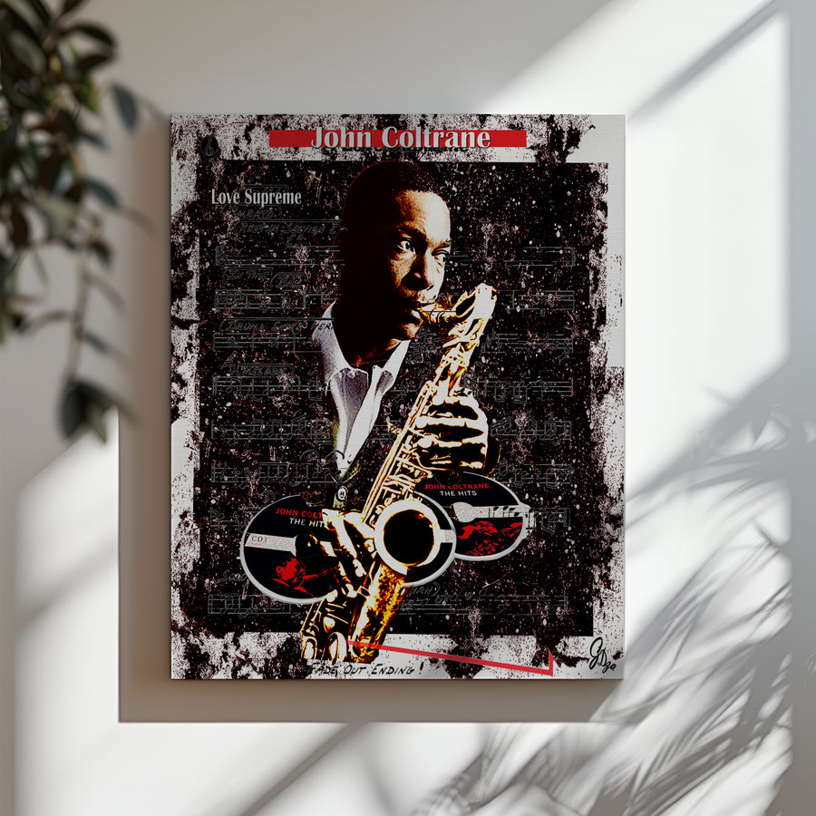 Limited edition Jazz Wall Art Canvas Print of Coltrane surrounded by abstract forms, ideal for jazz enthusiasts and collectors.
