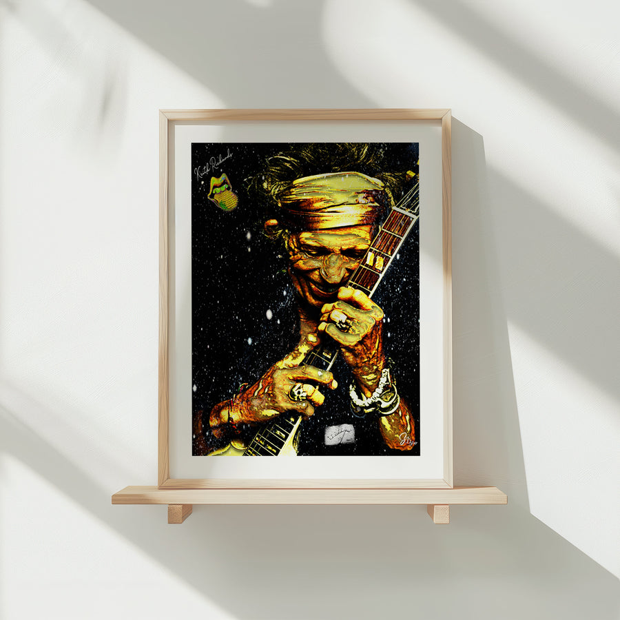 Black and white Rock and Roll Wall Art Canvas Print featuring iconic guitarist Keith Richards in a timeless music moment.