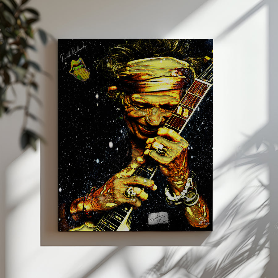 Bold Rock and Roll Wall Art Canvas Print showing Keith Richards playing guitar, perfect for music lovers and collectors.