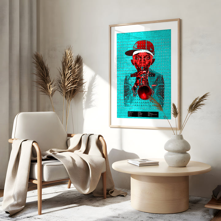 Puzzle on the Trumpet Music Wall Art Canvas Print Side View Gold Frame