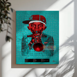 Music Wall Art Canvas Print featuring abstract trumpet design with embedded crossword puzzle clues inspired by jazz legends.