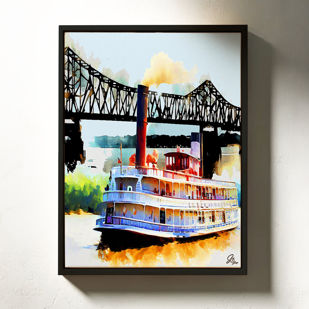 River Steamboat Nautical Wall Art Canvas Print Front View Floating Frame