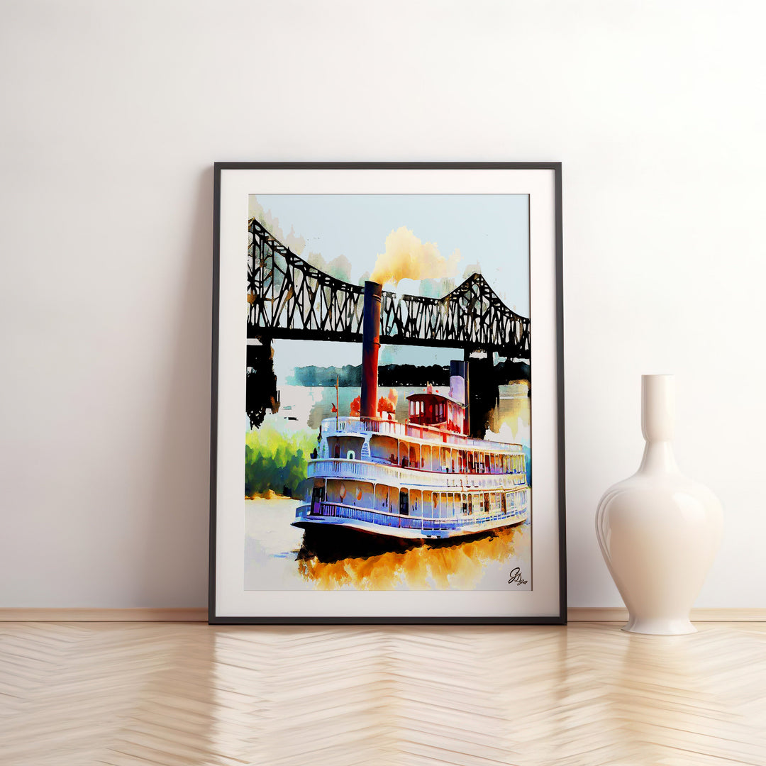 River Steamboat Nautical Wall Art Canvas Print Front View Matted