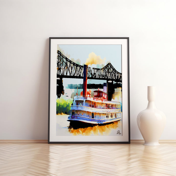 River Steamboat Nautical Wall Art Canvas Print Front View Matted