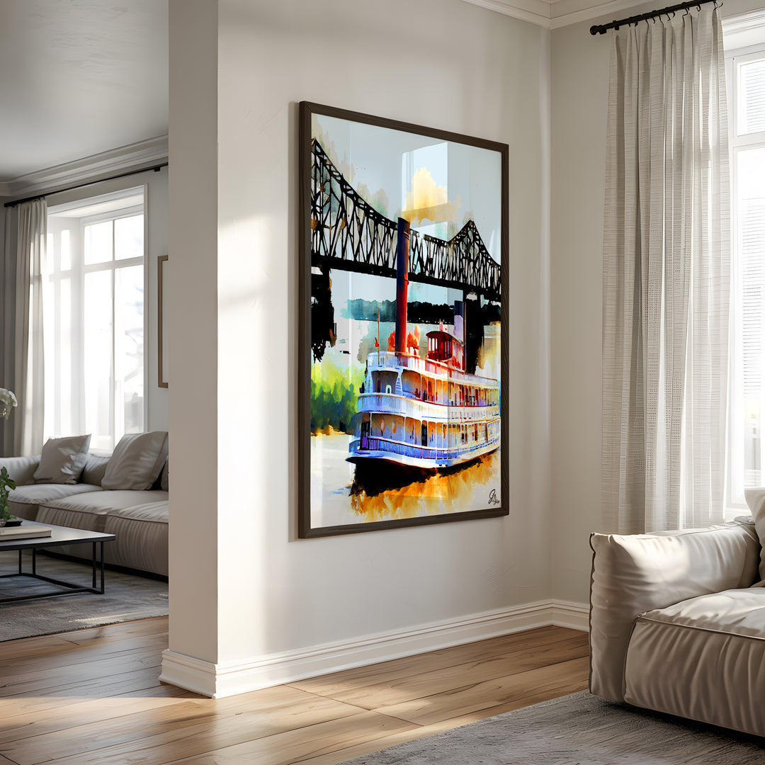 River Steamboat Nautical Wall Art Canvas Print Side View Black Frame
