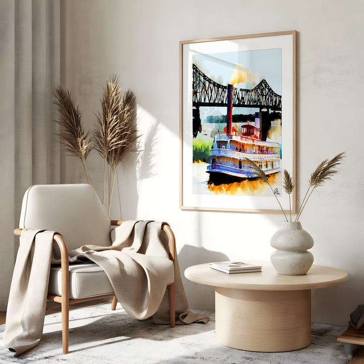 River Steamboat Nautical Wall Art Canvas Print Side View Gold Frame