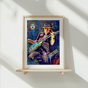 Dynamic Music Wall Art Canvas Print showcasing Carlos Santana with electric guitar, perfect for music-themed room decor.