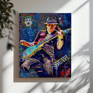 Striking black and white Music Wall Art Canvas Print of Carlos Santana, emphasizing his iconic stage presence and artistry.