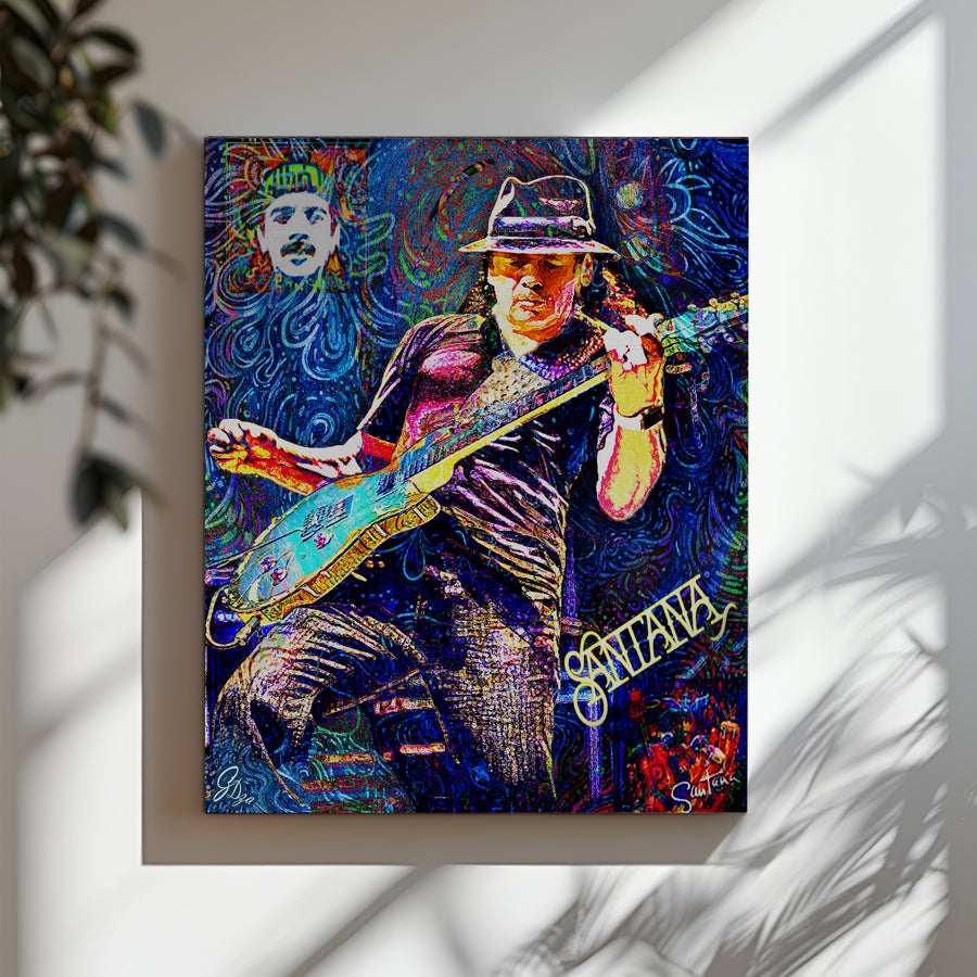 Striking black and white Music Wall Art Canvas Print of Carlos Santana, emphasizing his iconic stage presence and artistry.