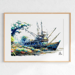 Nautical Wall Art Canvas Print featuring the Shrimp Boat Morgan docked in a tranquil coastal bay at sunrise