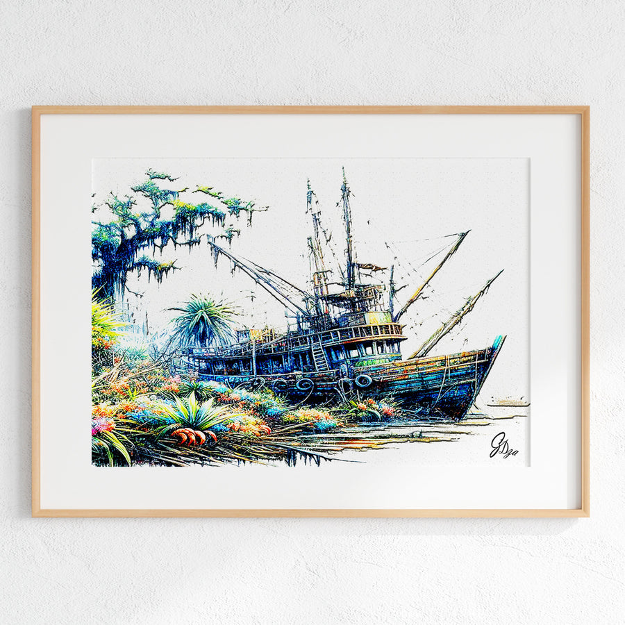 Nautical Wall Art Canvas Print featuring the Shrimp Boat Morgan docked in a tranquil coastal bay at sunrise