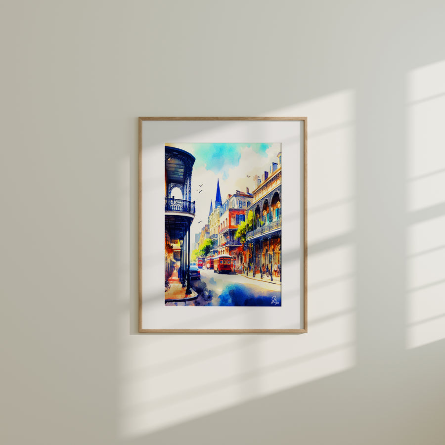 New Orleans Streetcar Canvas Print depicting the historic St. Charles Avenue line under oak-shaded trees, symbolizing classic Southern charm.
