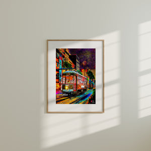 New Orleans Streetcar Art Print featuring a vintage streetcar rolling through the historic French Quarter