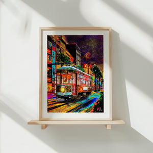 Timeless New Orleans Streetcar Art Print capturing the iconic Desire line in black and white elegance