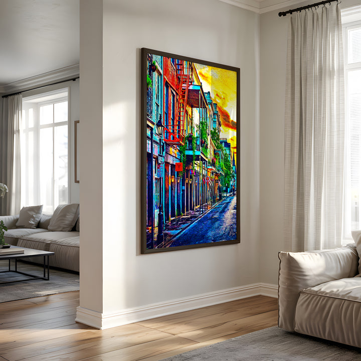 Sunset in the French Quarters New Orleans Wall Art Canvas Print Side View Black Frame