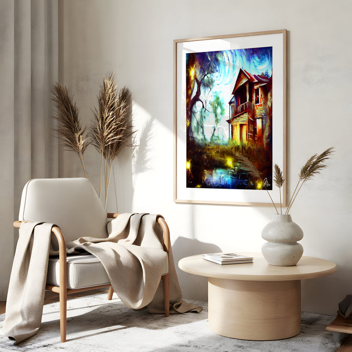 Swamp House Nature Wall Art Canvas Print Side View Gold Frame