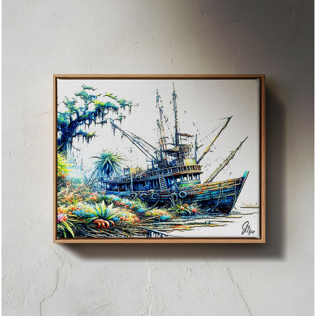 Shrimp Boat Morgan Nautical Wall Art Canvas Print Front View Floating Frame