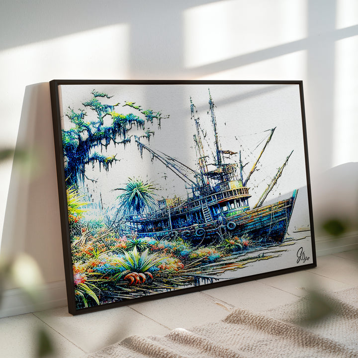 Shrimp Boat Morgan Wall Art Canvas Print Side View Black Floating Frame