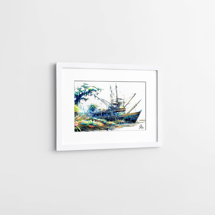 Shrimp Boat Morgan Nautical Wall Art Canvas Print Side View White Frame