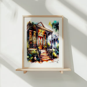 Southern-style New Orleans Wall Art Print showcasing ornate balconies and lush gardens from the iconic Garden District.