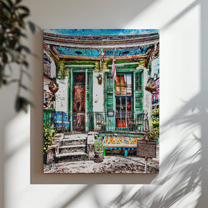 Colorful New Orleans Jazz Club Art Print showcasing historic Frenchmen Street architecture and performers.
