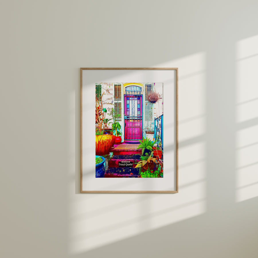 New Orleans French Quarter Architecture Art Print showcasing pastel-colored shutters and classic ironwork balcony of a historic residence.