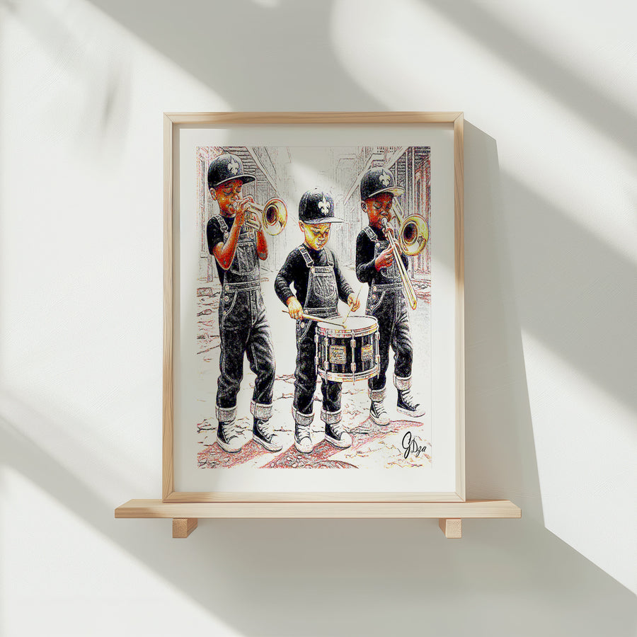 Lively New Orleans Jazz Musician Canvas Print showcasing a trio of brass musicians, echoing the rich traditions of jazz on Frenchmen Street.
