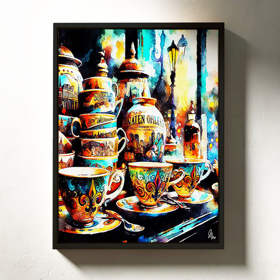 Yellow Tea Cups Kitchen Wall Art Canvas Print Front View Floating Frame
