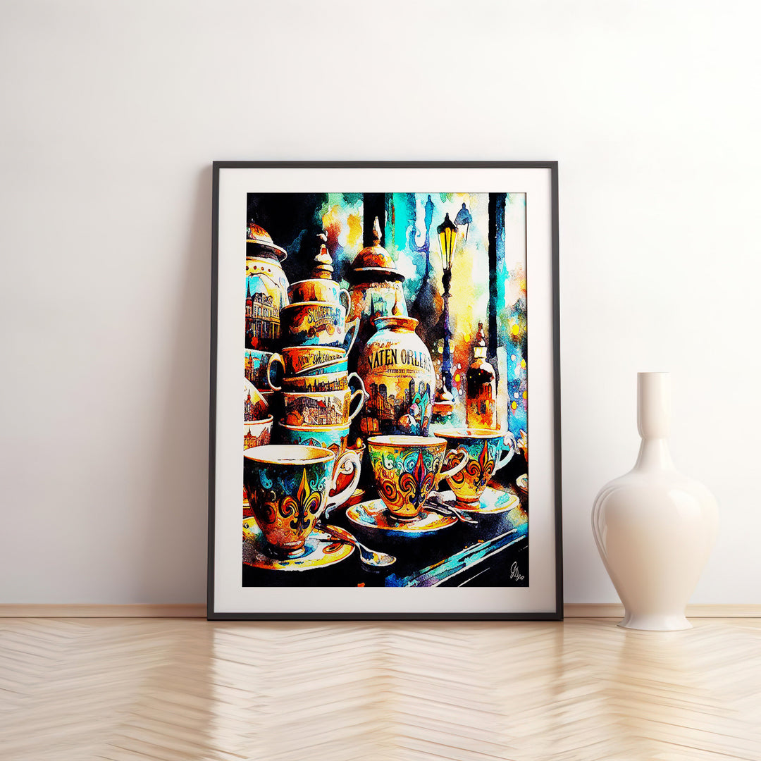 Yellow Tea Cups Kitchen Wall Art Canvas Print Front View Matted