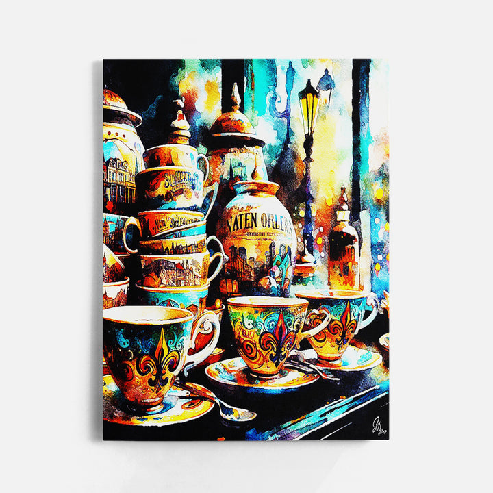 Yellow Tea Cups Kitchen Wall Art Canvas Print Front View Wrapped