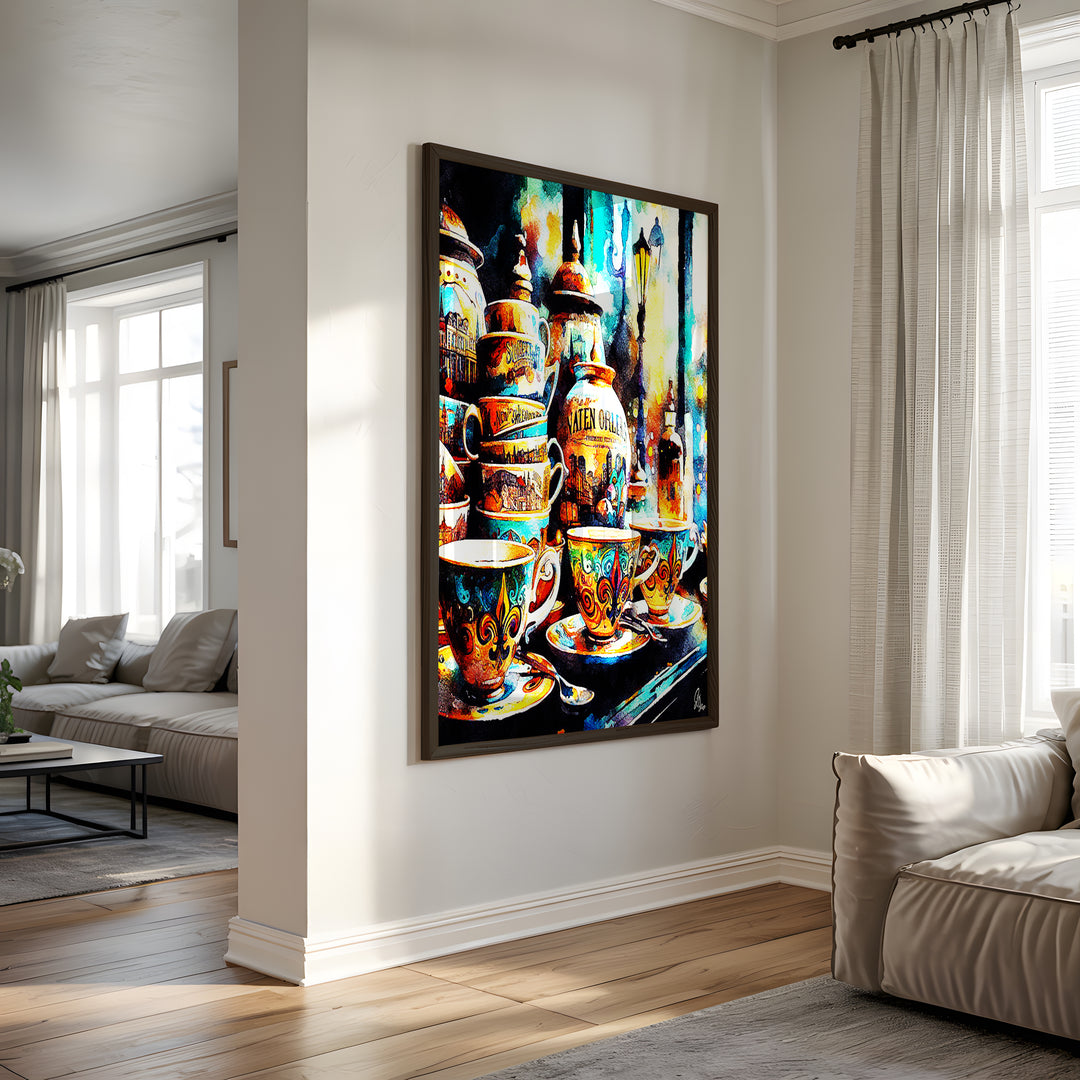 Yellow Tea Cups Kitchen Wall Art Canvas Print Side View Black Frame