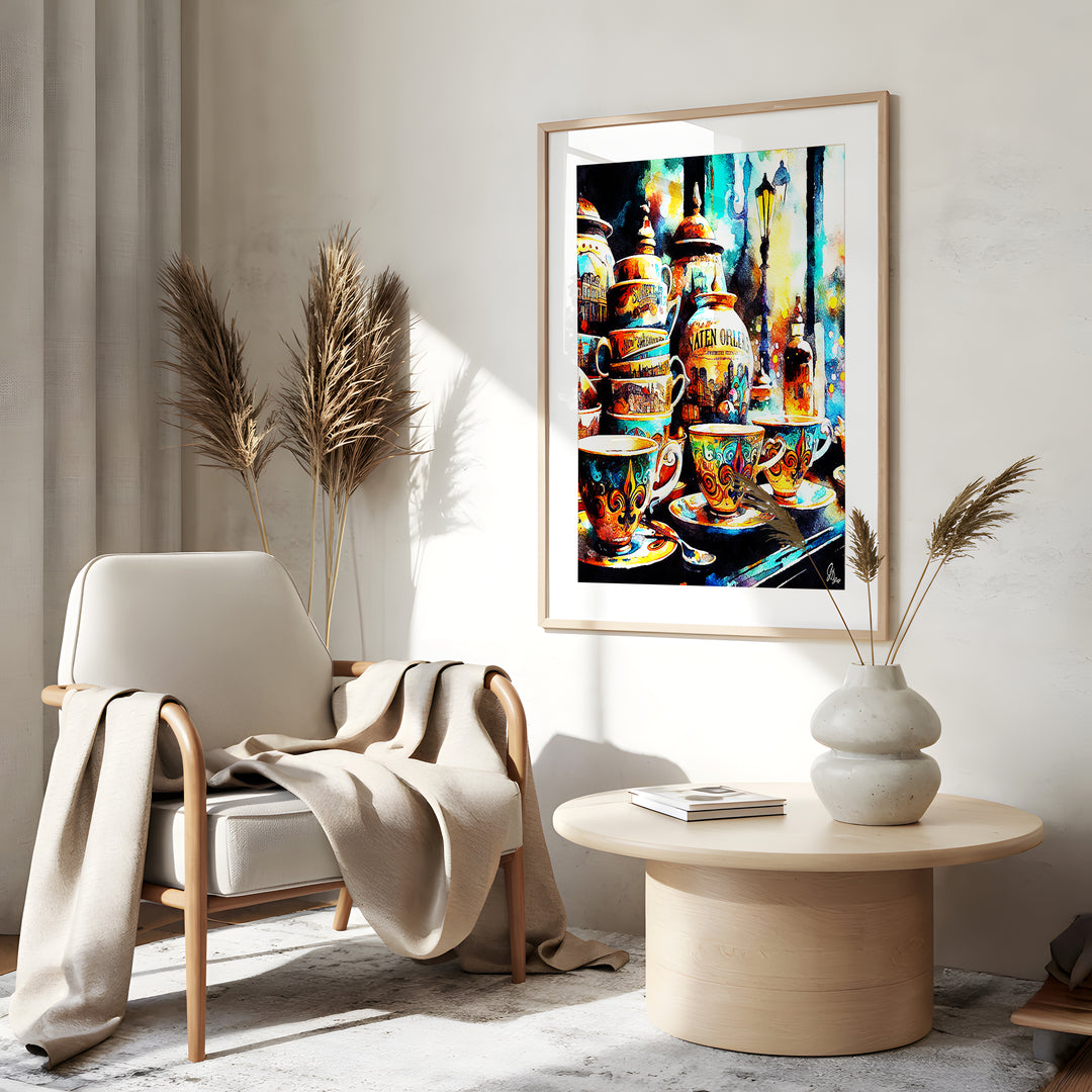 Yellow Tea Cups Kitchen Wall Art Canvas Print Side View Gold Frame